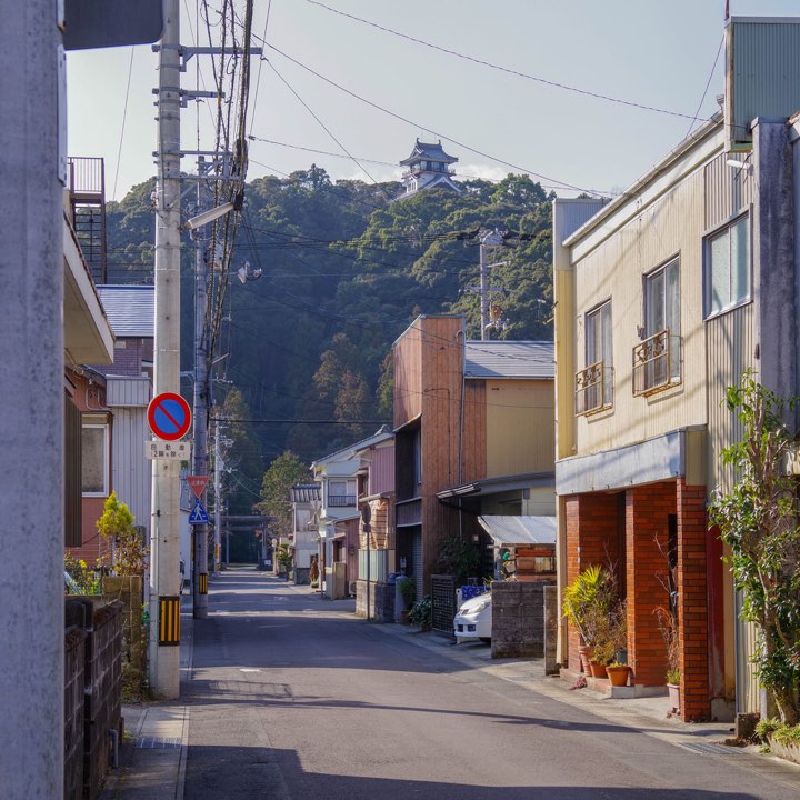 通りの向こうに見えるお城の写真